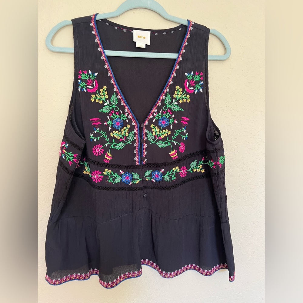 Anthropologie Maeve Embroidered Top black v neck boho